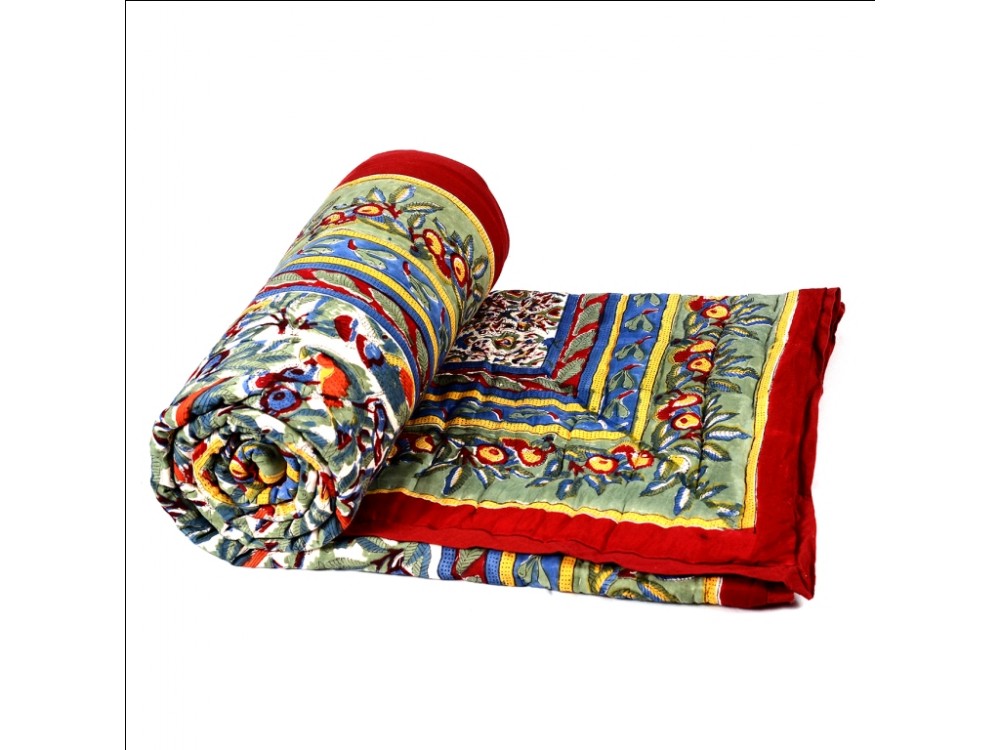 Queen Single Bed Indian Jaipuri Quilt / Razai Cotton Hand-Block Floral Design 60*90 Inch